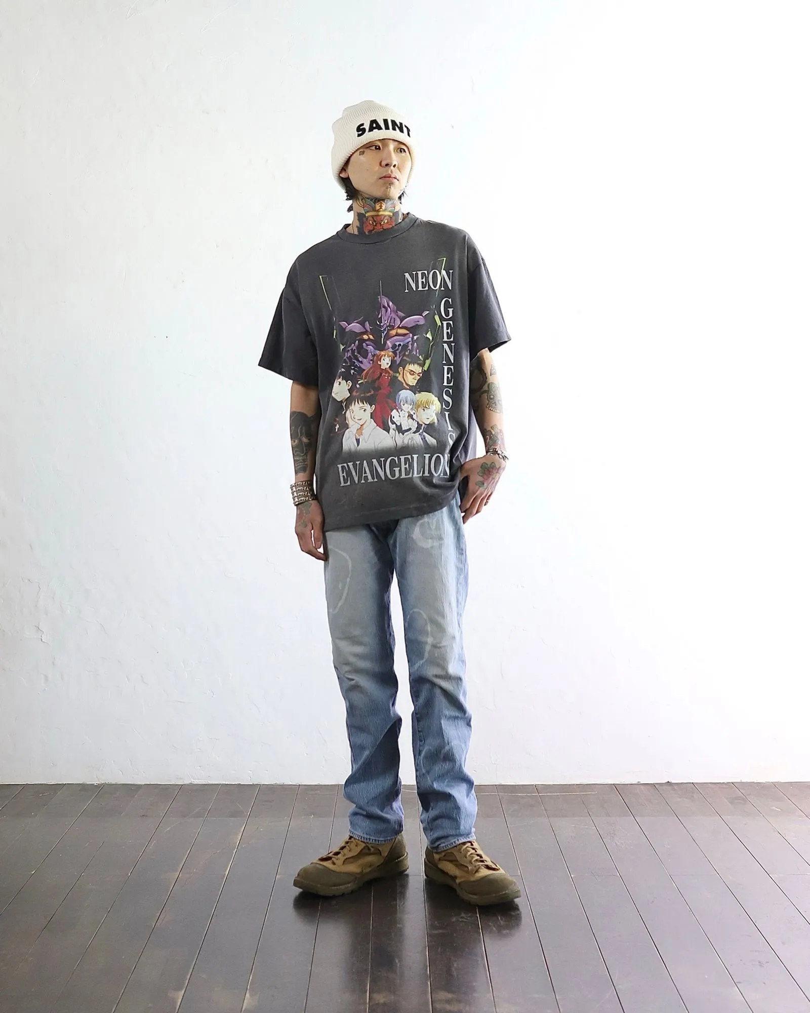 SAINT Mxxxxxx × EVANGELION NEON GNSIS TEE/BLK co-branded Neon Genesis Evangelion distressed short-sleeves, washed black S-XL, vintage NEW VINTAGE, top printing technology, garment dyeing, re-washed, distressed, correct co-branded main mark/washing mark